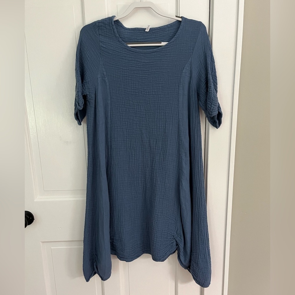 Dusty Blue 100% Cotton Gauze Sun Dress Boho Coastal Sharkbite Hem Size S/M Beach